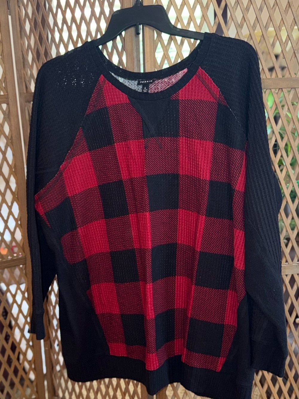 Torrid Black & Red Buffalo Plaid Raglan Waffle Knit Top